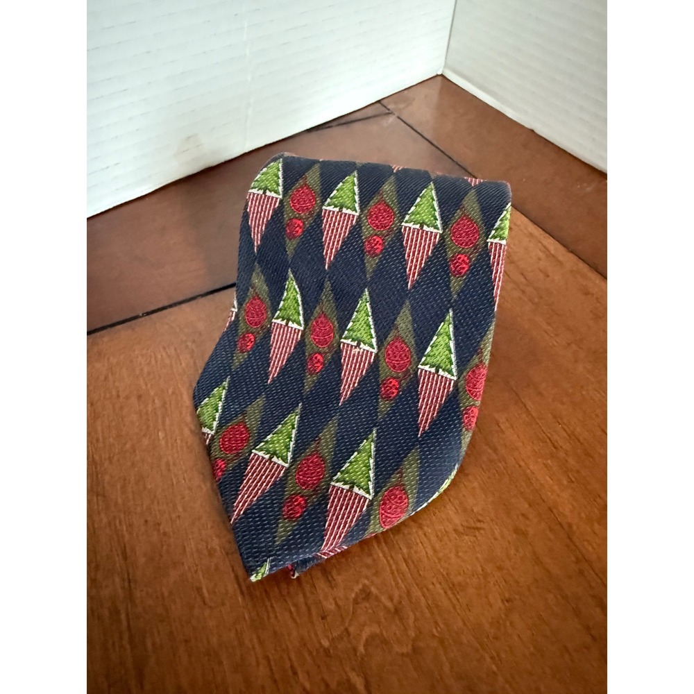XYZ INC Mens Silk Tie Navy Blue Green Red Geometric‎ Pattern Formal Necktie